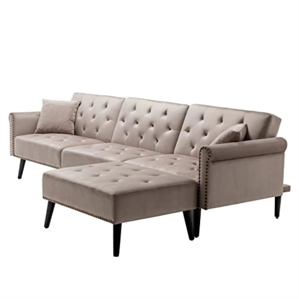 Silver Gray Velvet Sofa Bed with Ottoman and 2 Accent Pillows A89346
