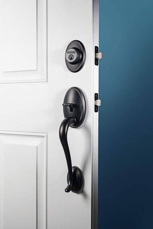 Satin Nickel Handleset with Double Cylinder Deadbolt and Georgian Knob S30586
