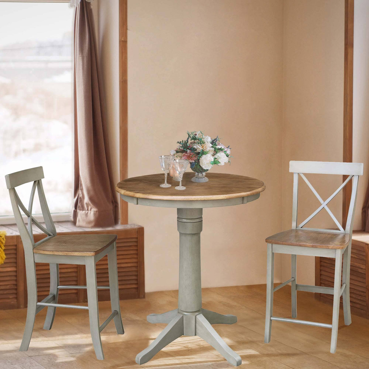 30 in. Round Pedestal Gathering Table with 2 Counter Height Stools Hickory I221663