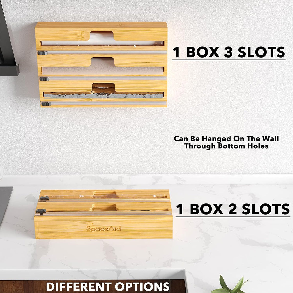 2 in 1 Wrap Dispenser with Cutter and Labels, Bamboo Roll Organizer Holder, Pack of 2 U319838