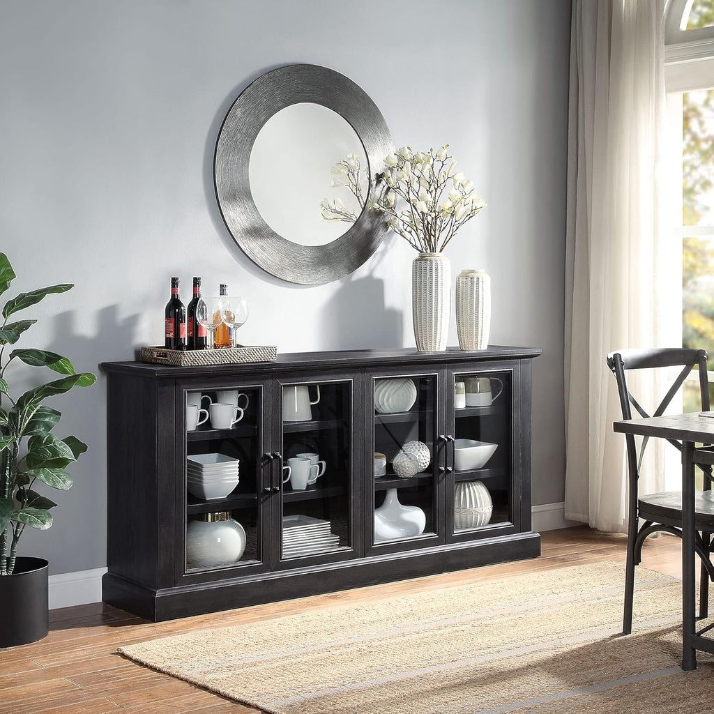 Farmhouse Wood Sideboard Buffet Entertainment Center with Storage Cabinet, Glass Doors, and Adjustable Shelves L146