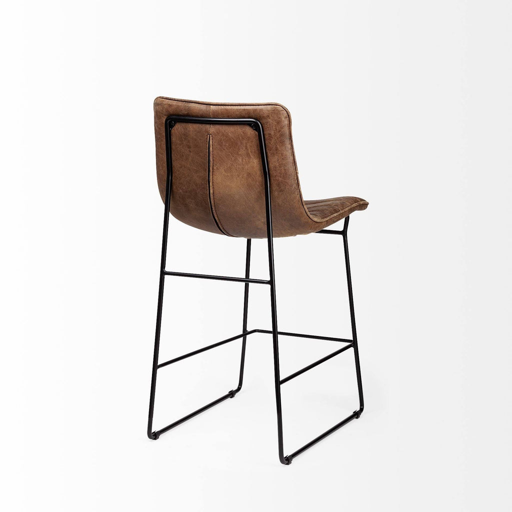Brown Leather Seat Black Metal Frame Stool I463548