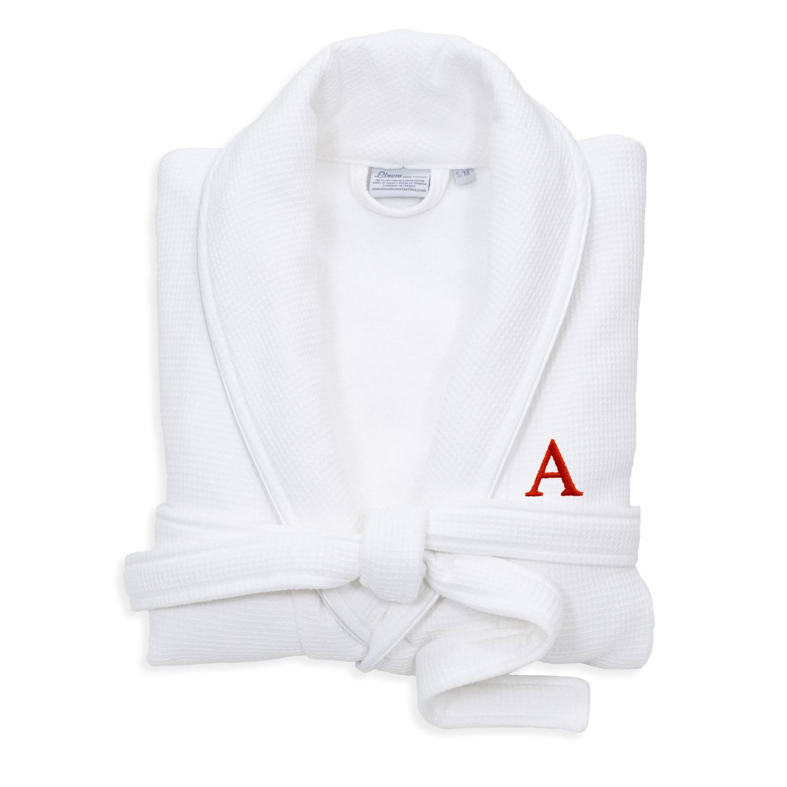 White Turkish Cotton Waffle Terry Bathrobe with Satin Piped Trim L691