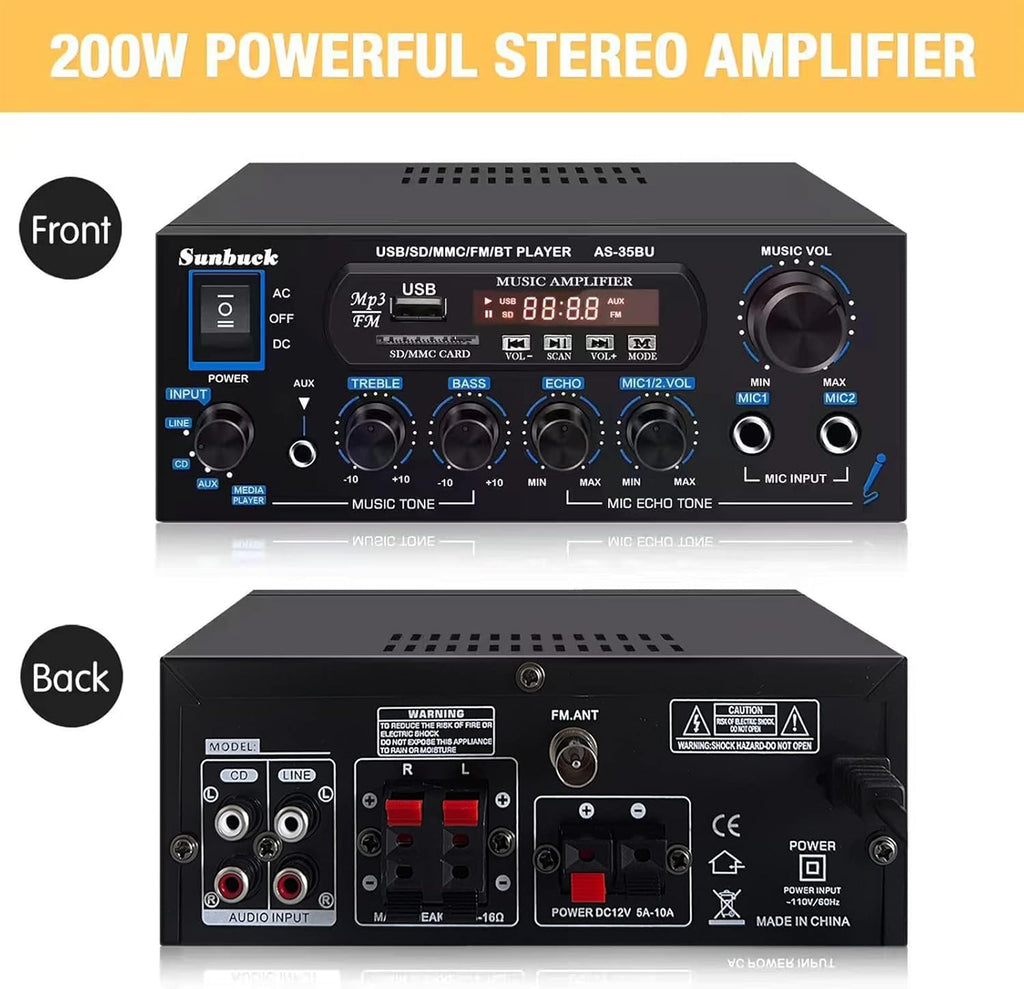 200W Dual Channel Bluetooth Stereo Amplifier Receiver with USB FM Radio Remote Control J638932