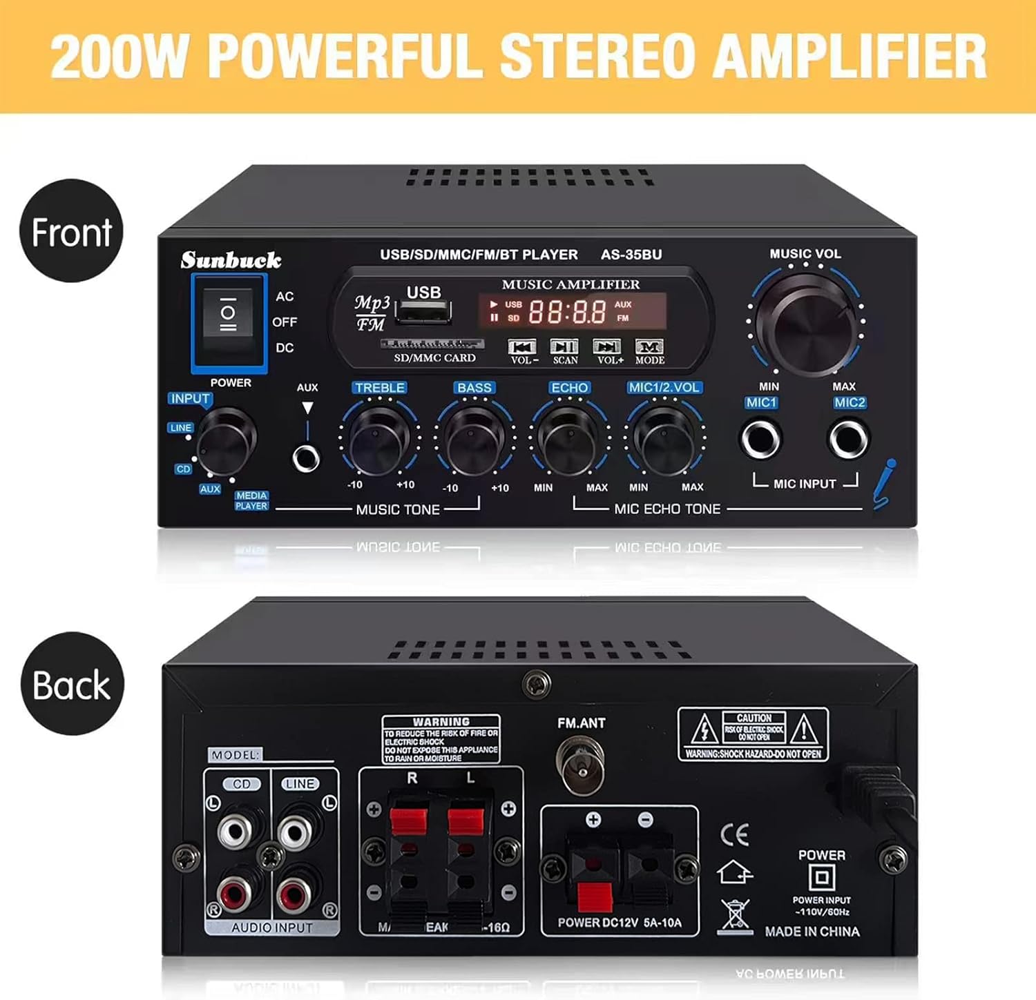 200W Dual Channel Bluetooth Stereo Amplifier Receiver with USB FM Radio Remote Control J638932
