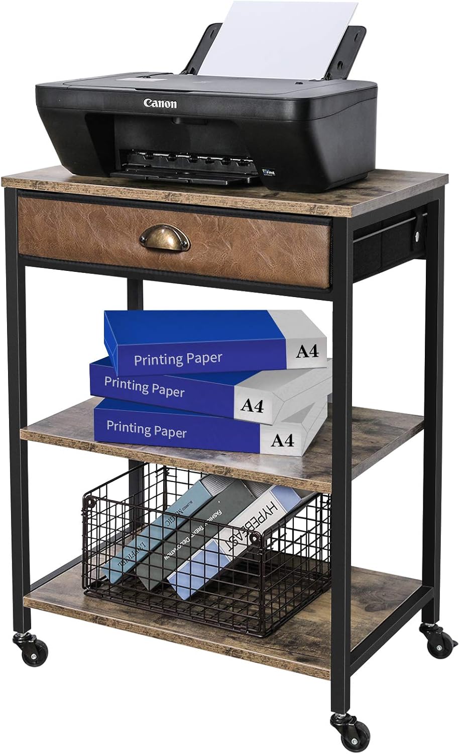 Rustic Brown 3 Tier Mobile Printer Stand with Storage Drawer M740646