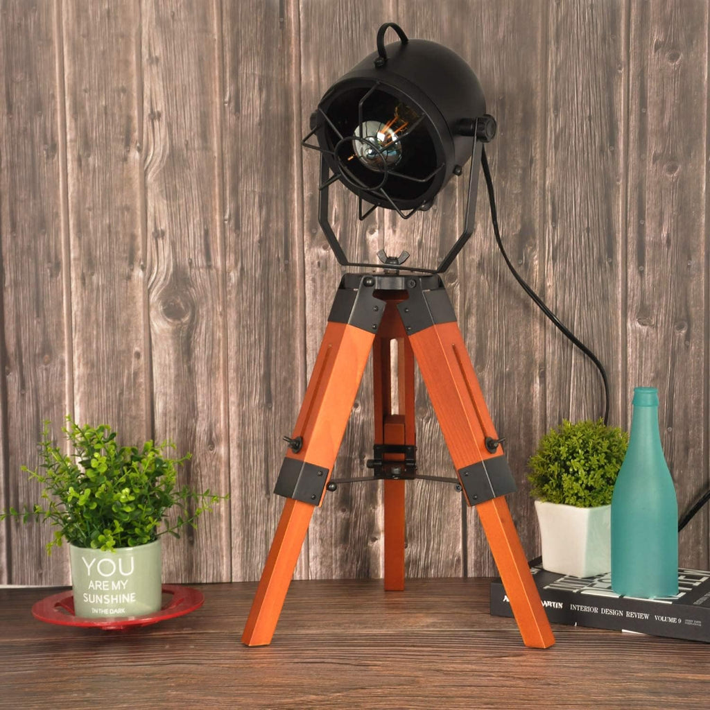 Vintage Adjustable Wood Tripod Floor Lamp with Black Cage Lampshade I835
