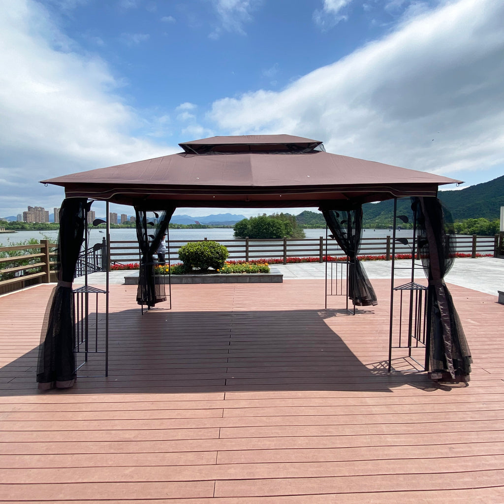 13x10 Outdoor Patio Gazebo Canopy Tent With Ventilated Double Roof And Mosquito Net, Brown P954332