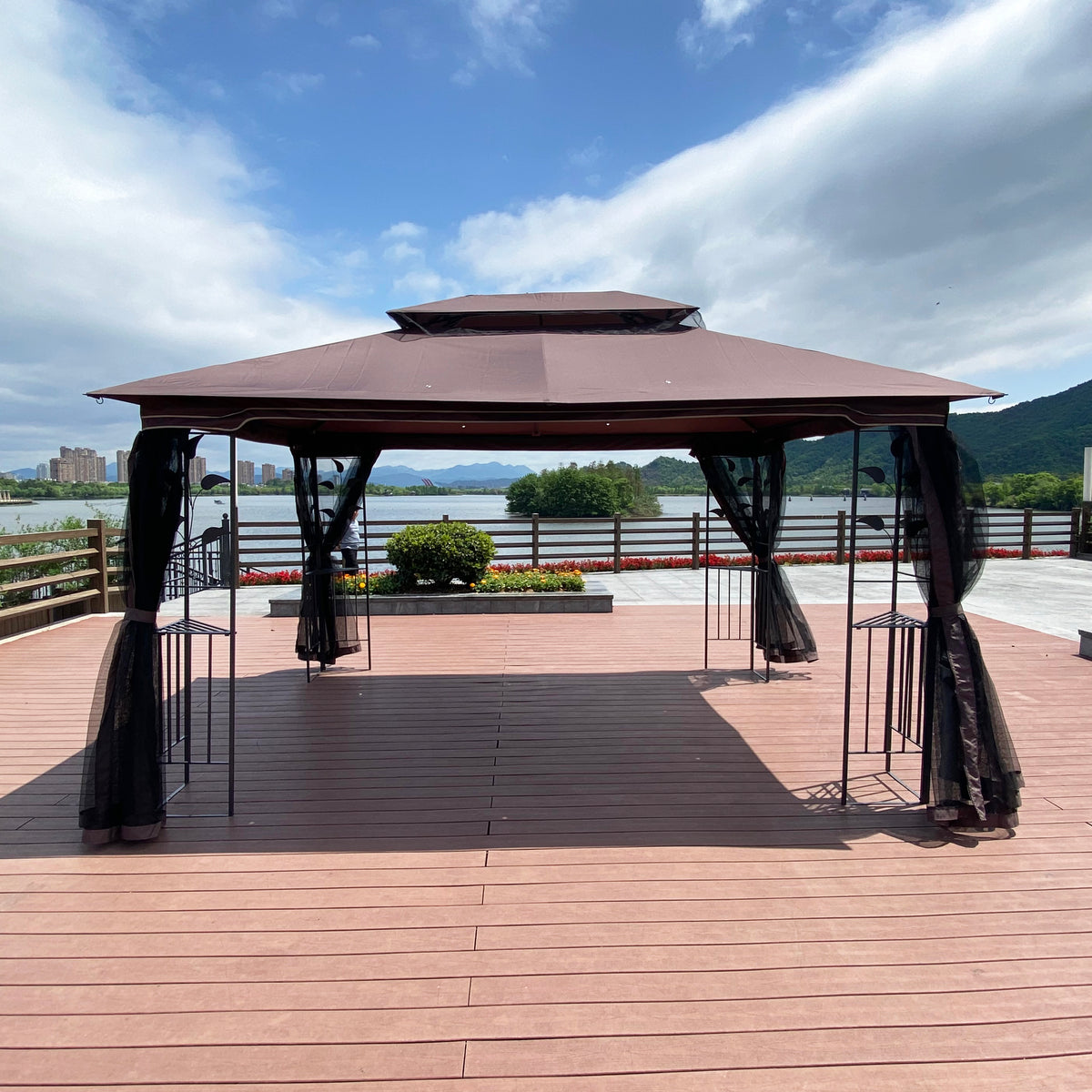 13x10 Outdoor Patio Gazebo Canopy Tent With Ventilated Double Roof And Mosquito Net, Brown P954332
