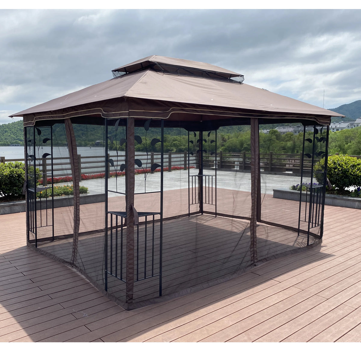 13x10 Outdoor Patio Gazebo Canopy Tent With Ventilated Double Roof And Mosquito Net, Brown P954332
