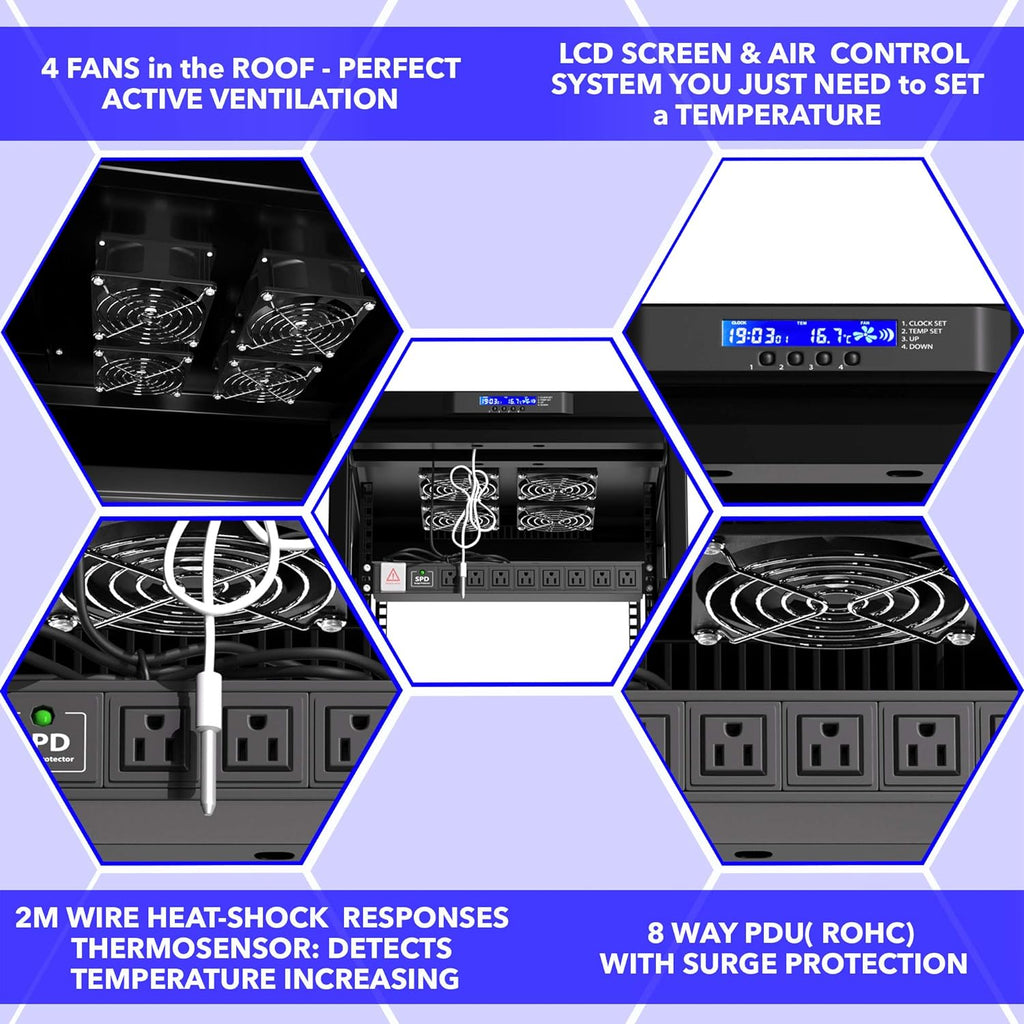 Locking Server Rack Cabinet Enclosure on Casters with Rack Shelf and Cooling Fan Thermostat C2675