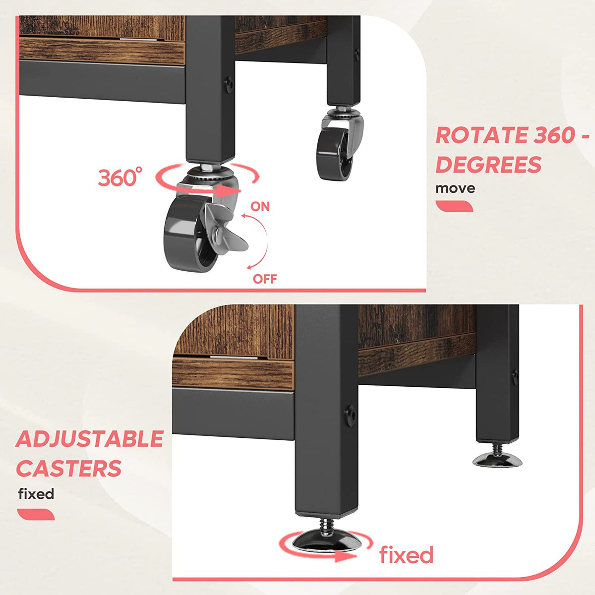 Rustic Brown Bakers Racks with Storage Cabinet, Height-Adjustable 45" to 55" Microwave Stand with Wheels & Feet H23204