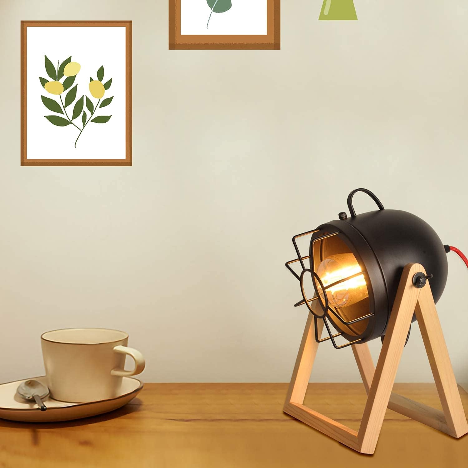 Vintage Adjustable Wood Tripod Floor Lamp with Black Cage Lampshade I835