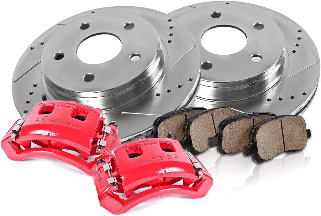 Powder Coated Red Calipers Rotors Ceramic Pads Performance Kit V5145