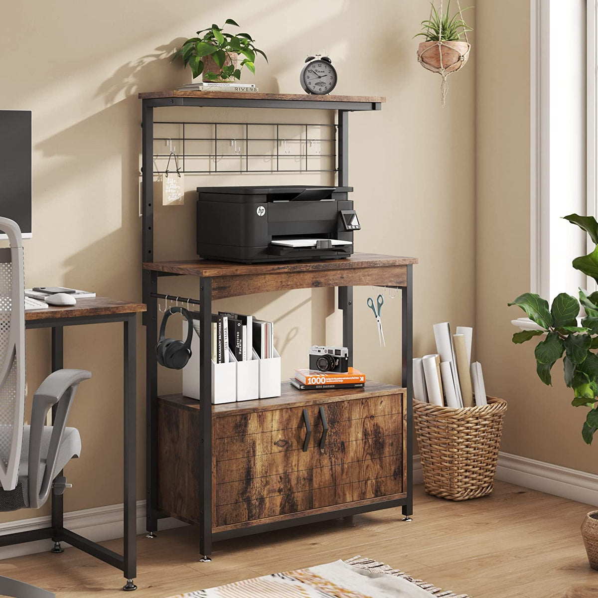 Rustic Brown Bakers Racks with Storage Cabinet, Height-Adjustable 45" to 55" Microwave Stand with Wheels & Feet H23204