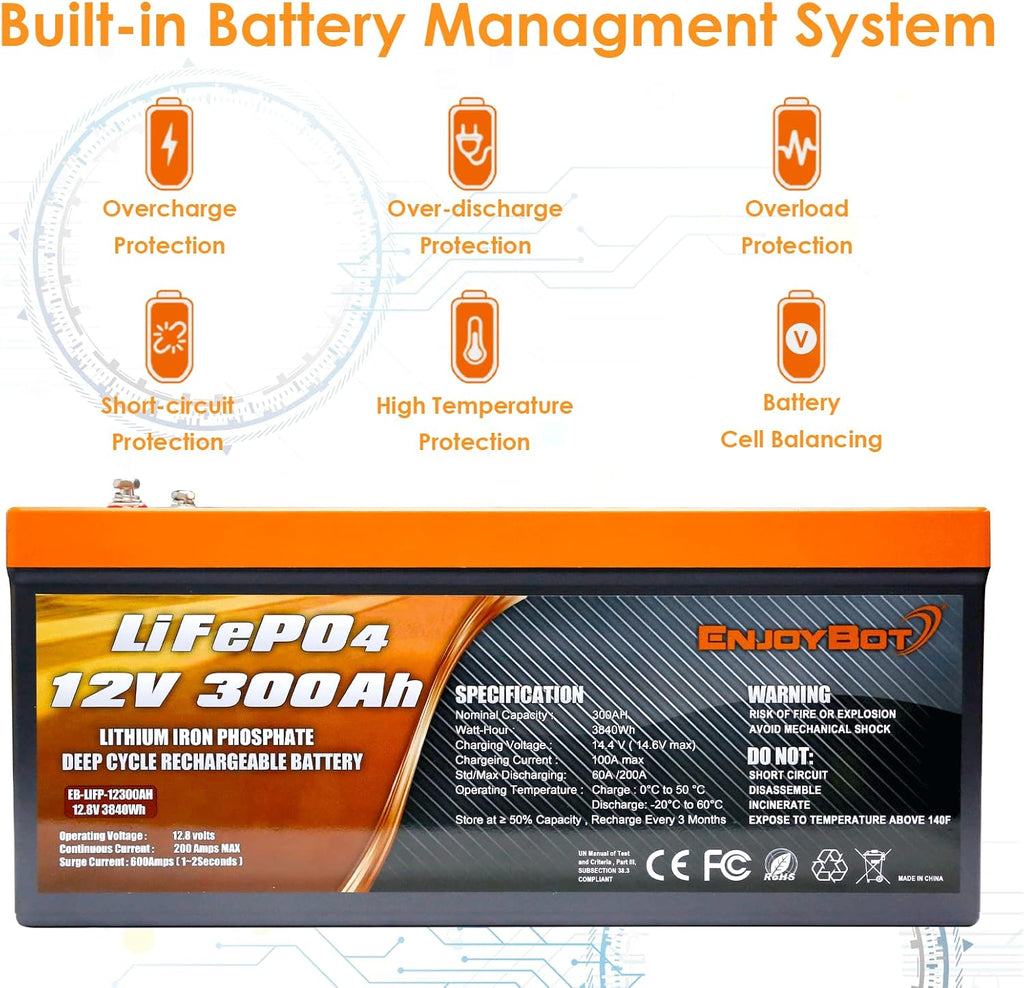 LiFePO4 12V 300Ah Lithium Iron Phosphate Battery with 200A BMS S762849