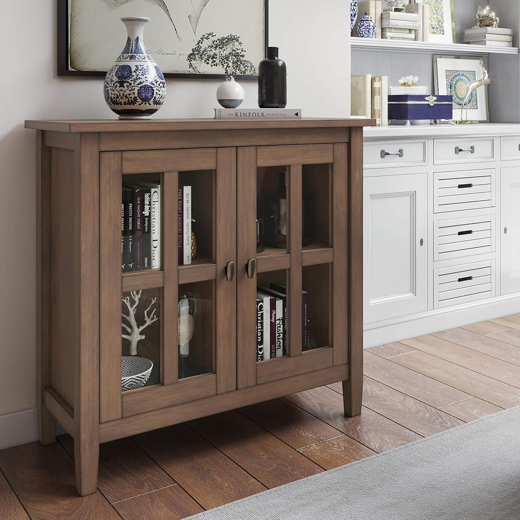 Rustic Natural Aged Brown Solid Wood Low Storage Cabinet with 2 Adjustable Shelves and Tempered Glass Door J854