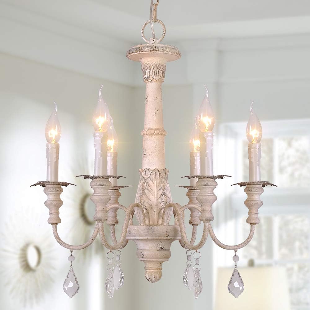 Retro French Chandelier 6 Lights White Distressed Wood Rust Metal Arms W27.6'' N561169