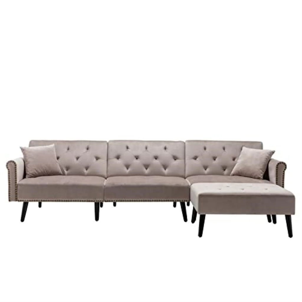 Silver Gray Velvet Sofa Bed with Ottoman and 2 Accent Pillows A89346