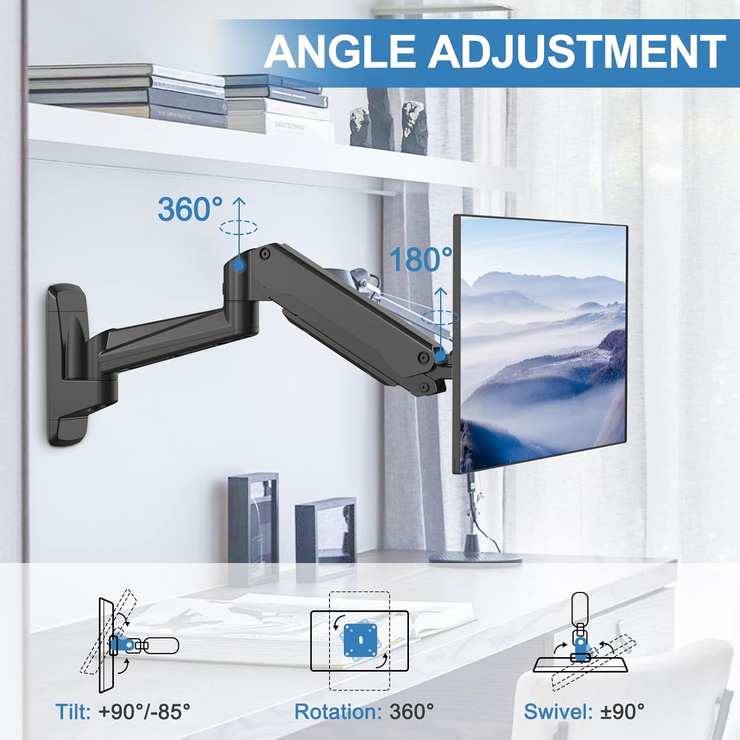 Single Wall Monitor Mount, Fully Adjustable Ultrawide Wall Mounted Monitor Arm, Full Motion Computer Wall Mount with Extendable Arm, Pack of 2 E16515