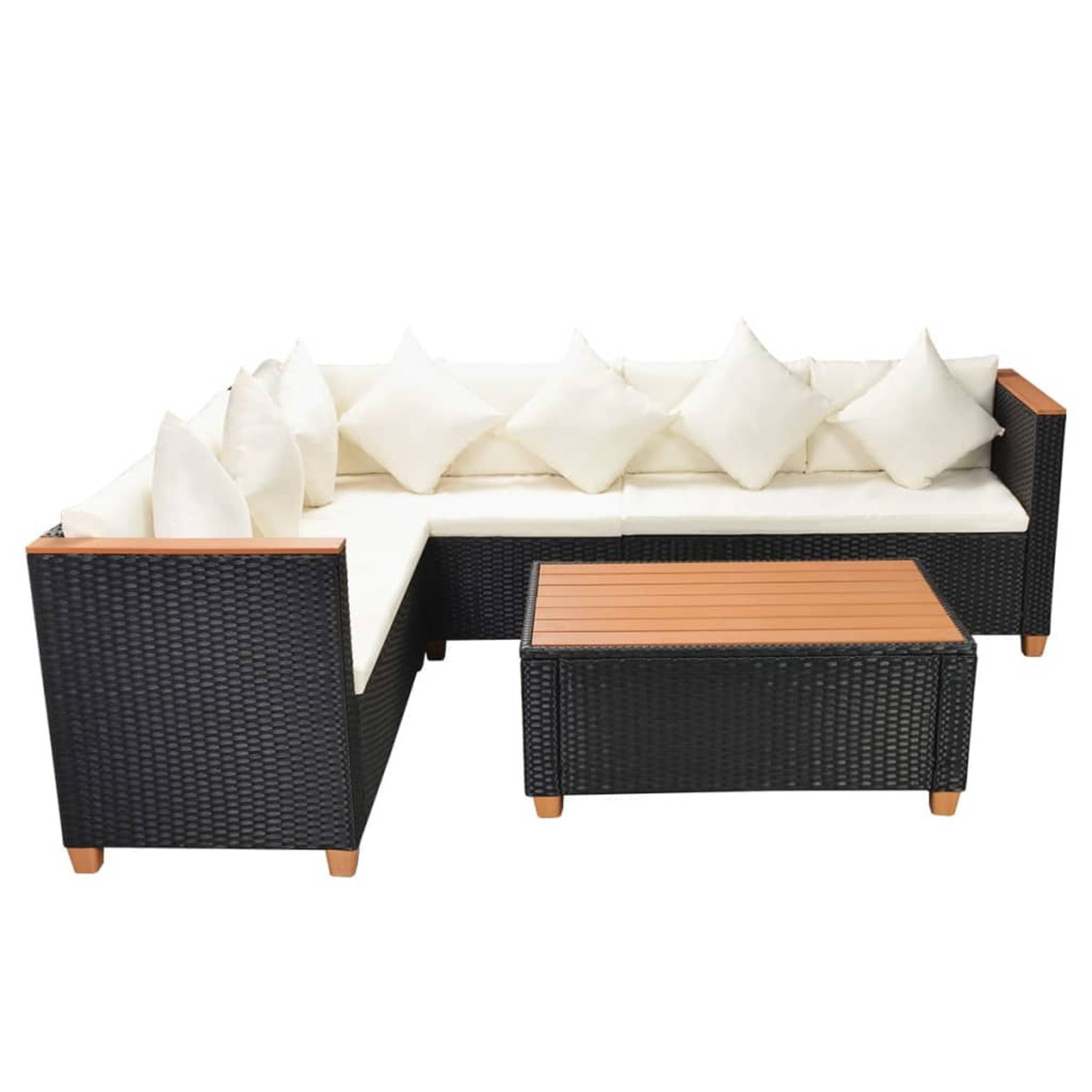 4 Piece Patio Lounge Set with White Cushions Black Poly Rattan 2-Seater Sofas with Corner Sofa and Coffee Table Q762