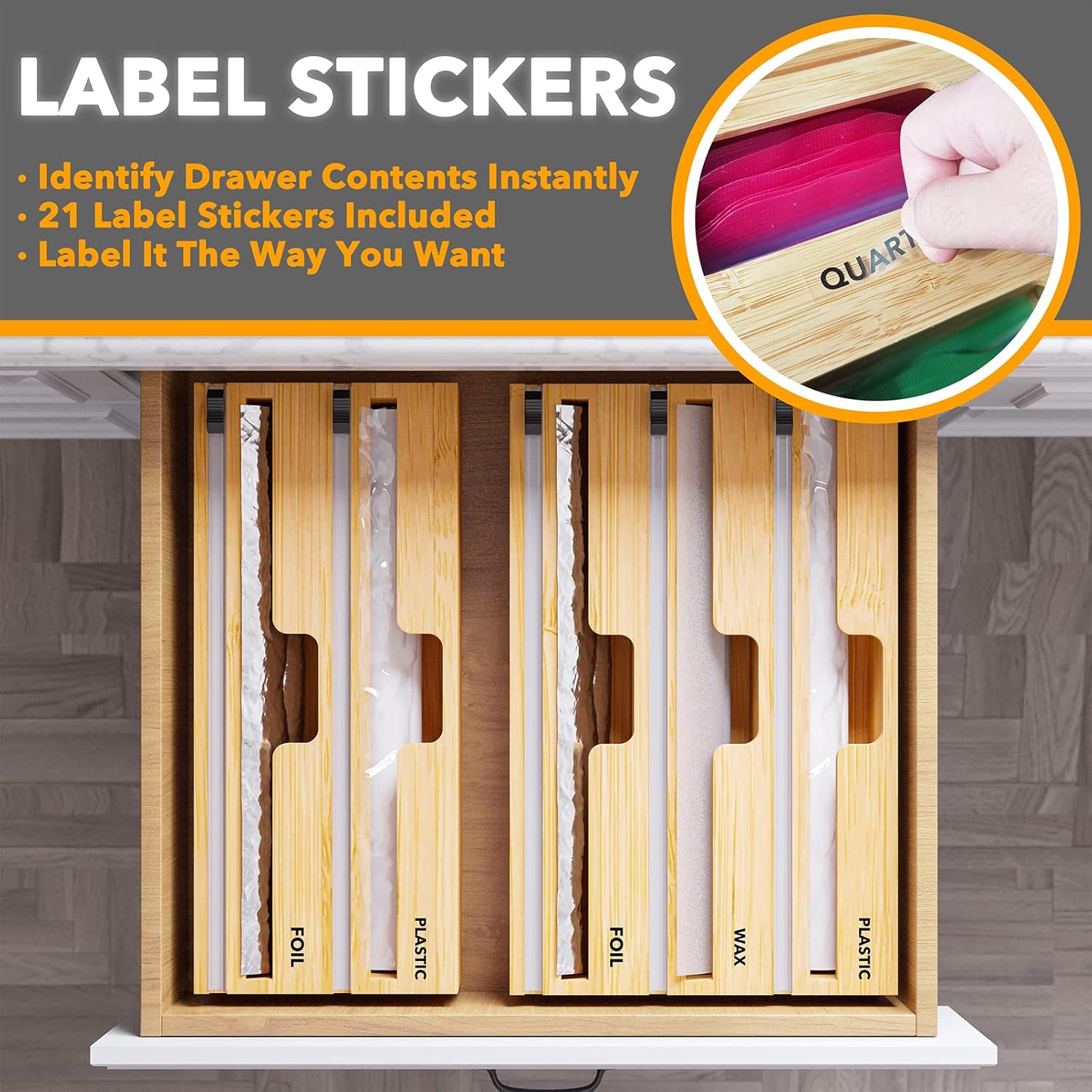 2 in 1 Wrap Dispenser with Cutter and Labels, Bamboo Roll Organizer Holder, Pack of 2 U319838
