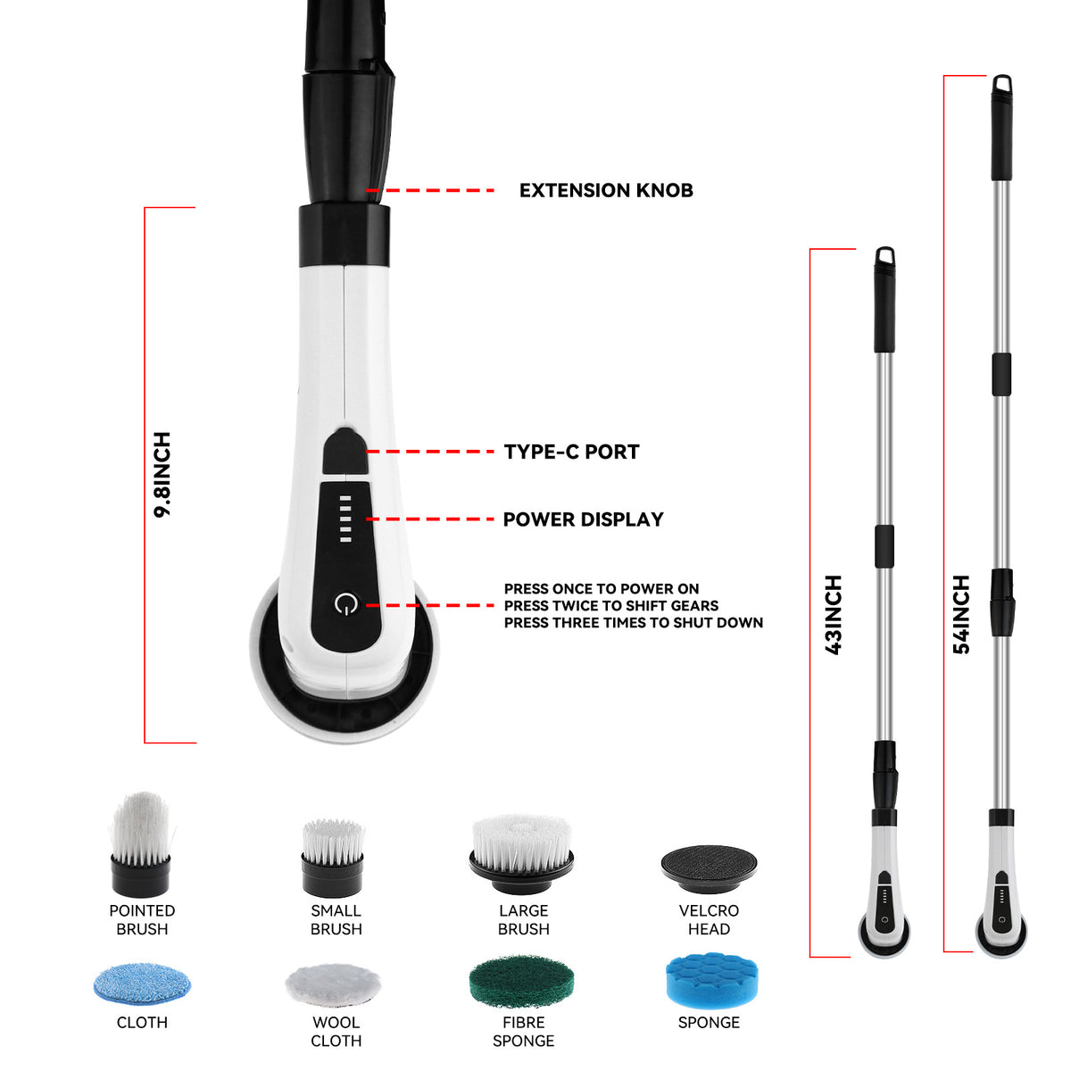 Cordless Electric Spin Scrubber with Long Handle & 7 Replaceable Heads Q2530