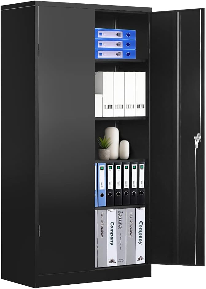 Tall Steel Locking Metal Storage Cabinet with 4 Adjustable Shelves and 2 Doors, 72”H×36”W×18”D (Black) S3144