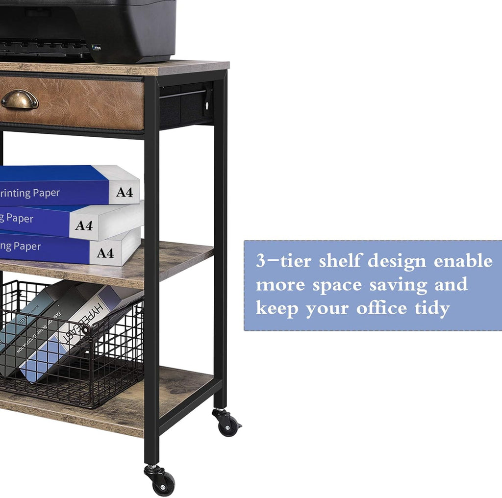 Rustic Brown 3 Tier Mobile Printer Stand with Storage Drawer M740646