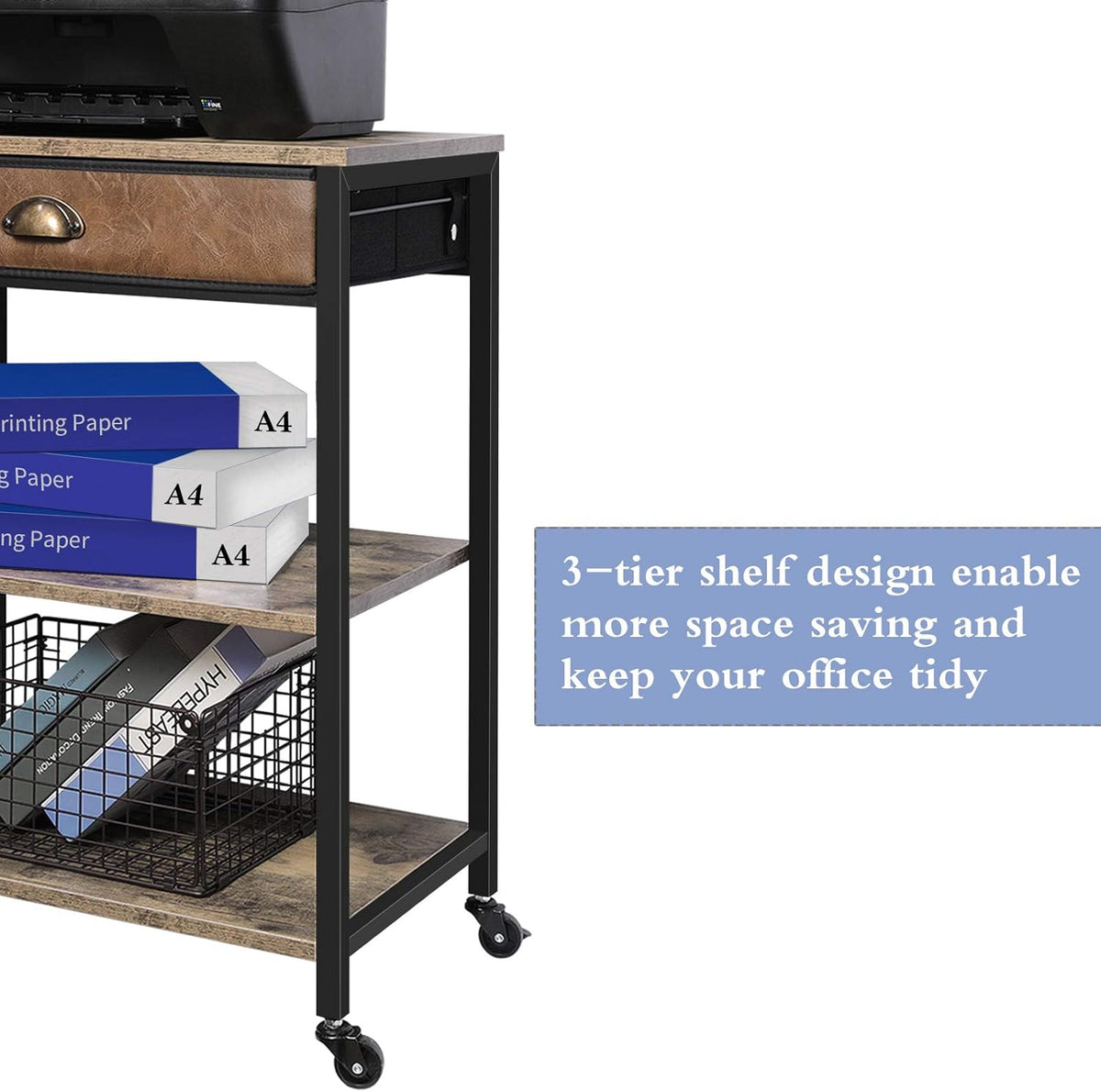 Rustic Brown 3 Tier Mobile Printer Stand with Storage Drawer M740646