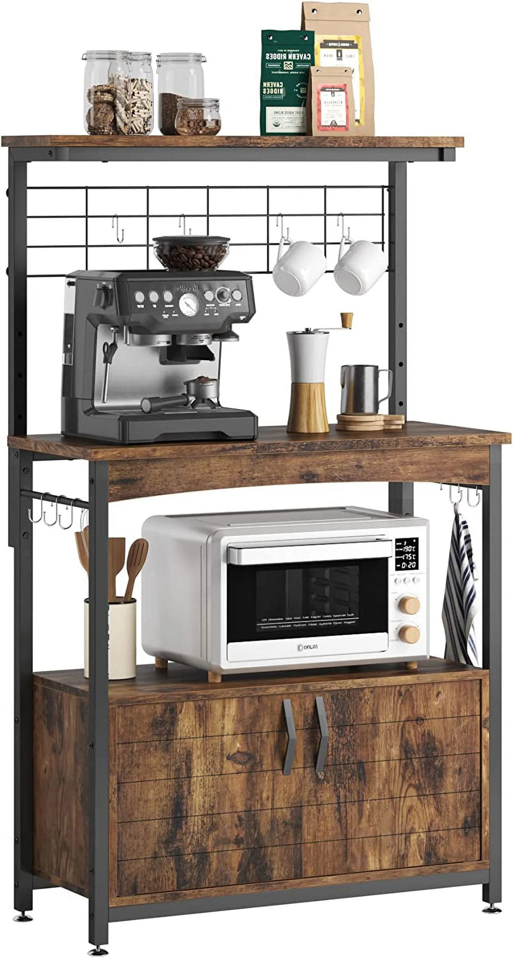 Rustic Brown Bakers Racks with Storage Cabinet, Height-Adjustable 45" to 55" Microwave Stand with Wheels & Feet H23204