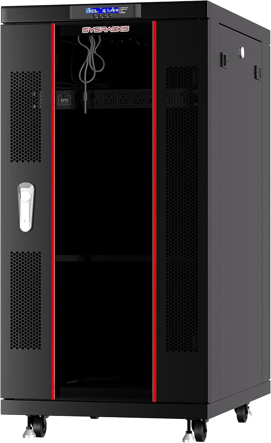 Locking Server Rack Cabinet Enclosure on Casters with Rack Shelf and Cooling Fan Thermostat C2675