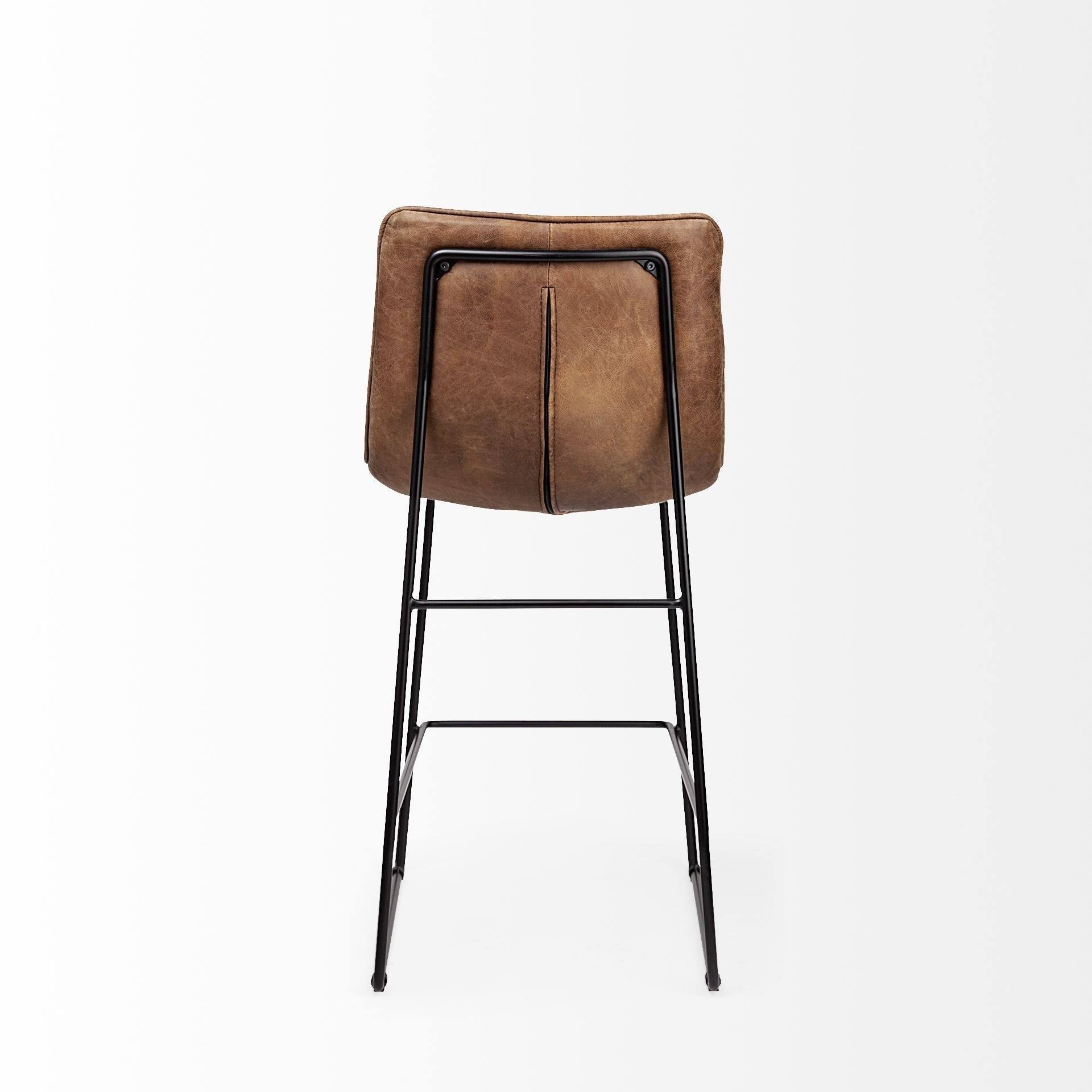 Brown Leather Seat Black Metal Frame Stool I463548