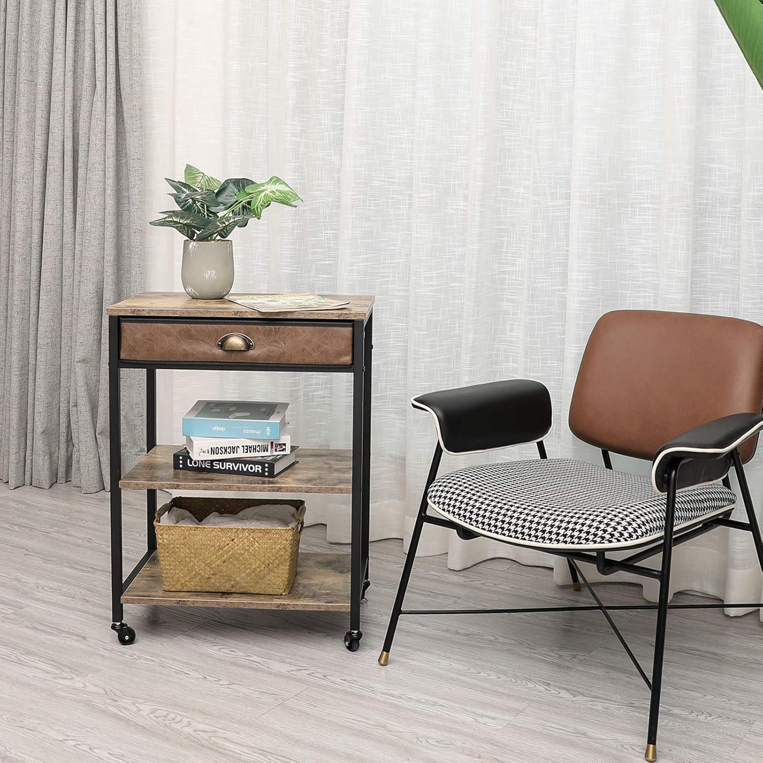 Rustic Brown 3 Tier Mobile Printer Stand with Storage Drawer M740646