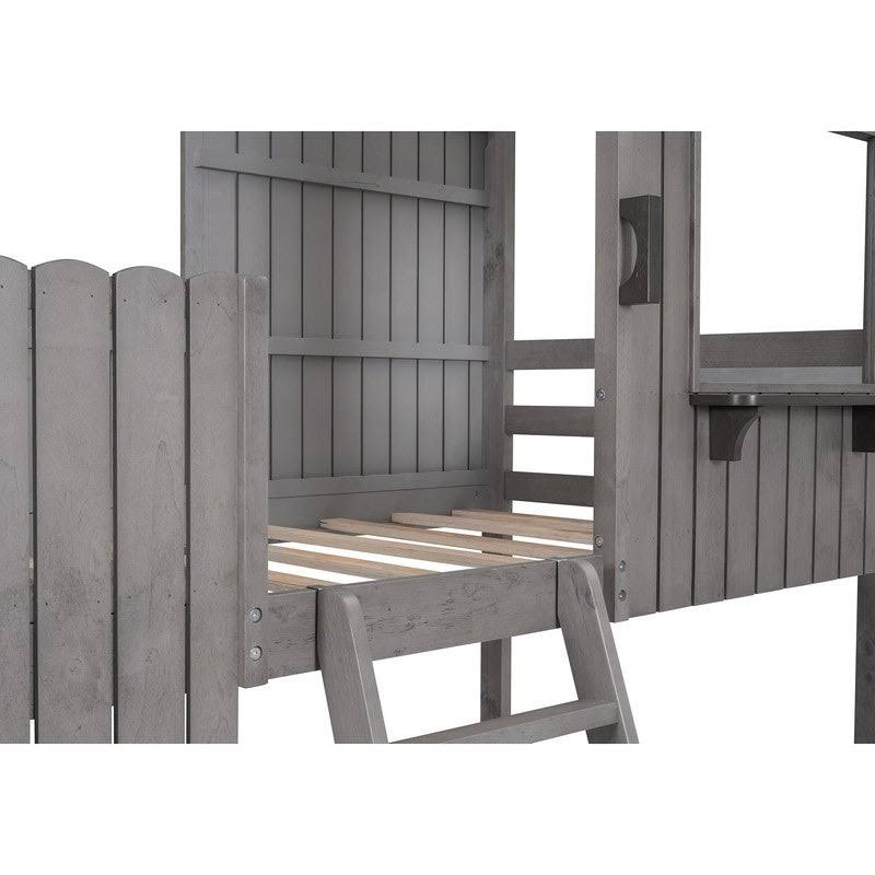 Twin Wood Loft Bed with Guardrail and Ladder H375