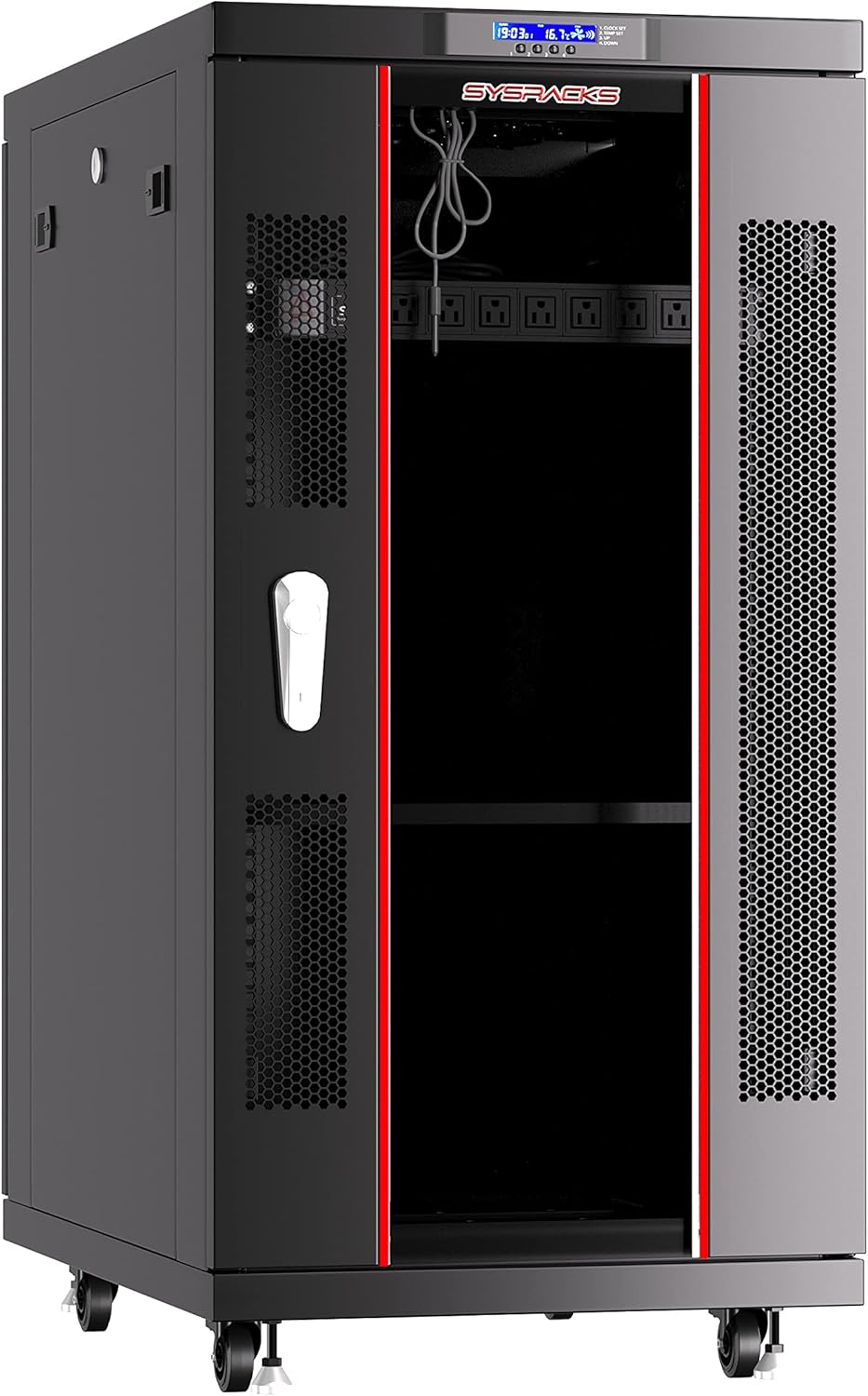 Locking Server Rack Cabinet Enclosure on Casters with Rack Shelf and Cooling Fan Thermostat C2675