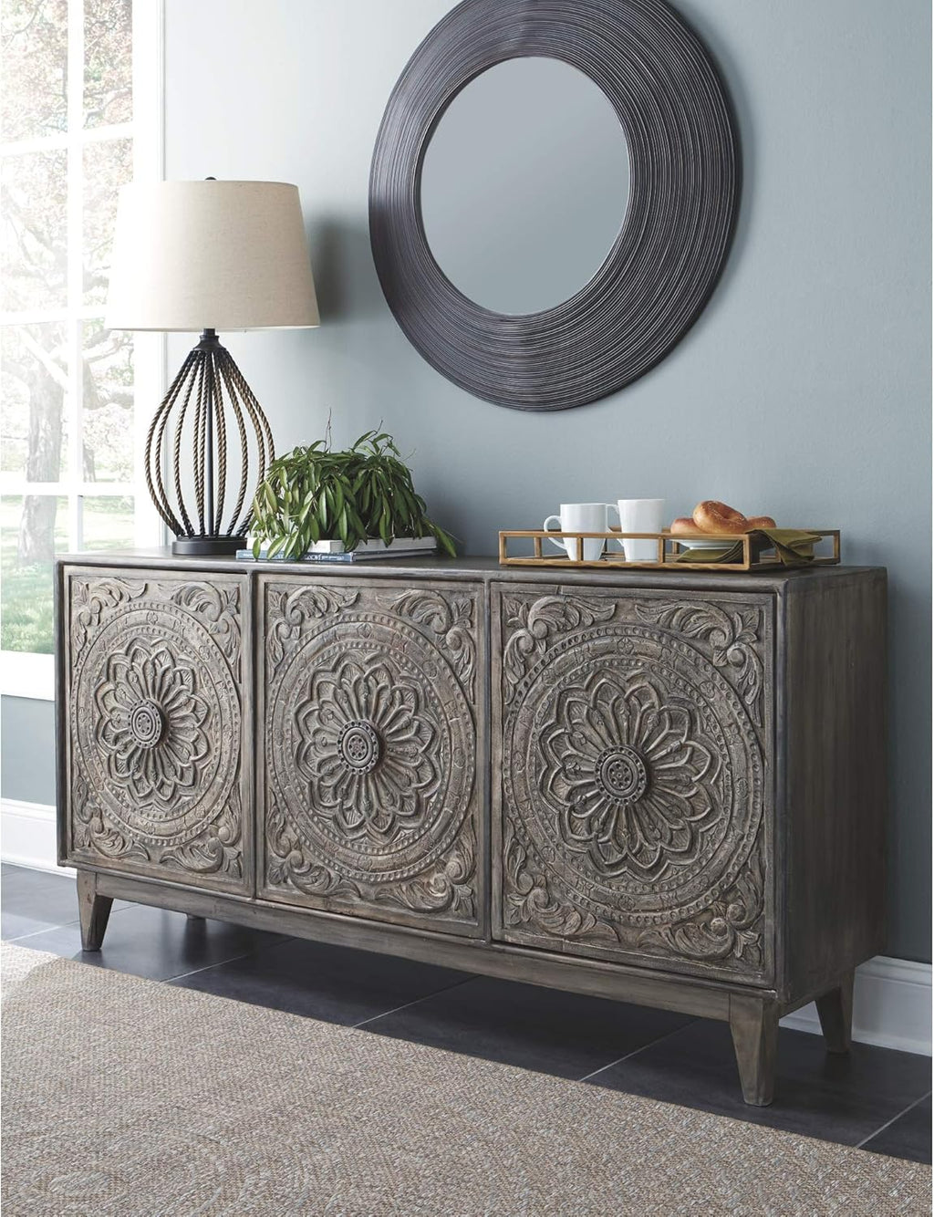 Dark Gray Hand Carved Wood Accent Cabinet Z678634