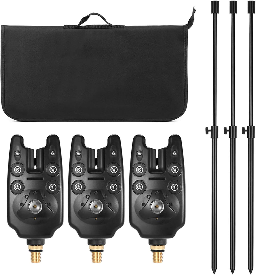 3 Wireless Fishing LED Bite Alarm Set with Aluminum Alloy Bankstick and Padded Tool Bag N2535