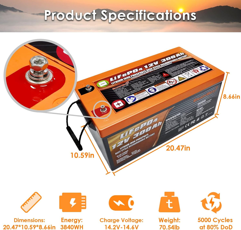 LiFePO4 12V 300Ah Lithium Iron Phosphate Battery with 200A BMS S762849