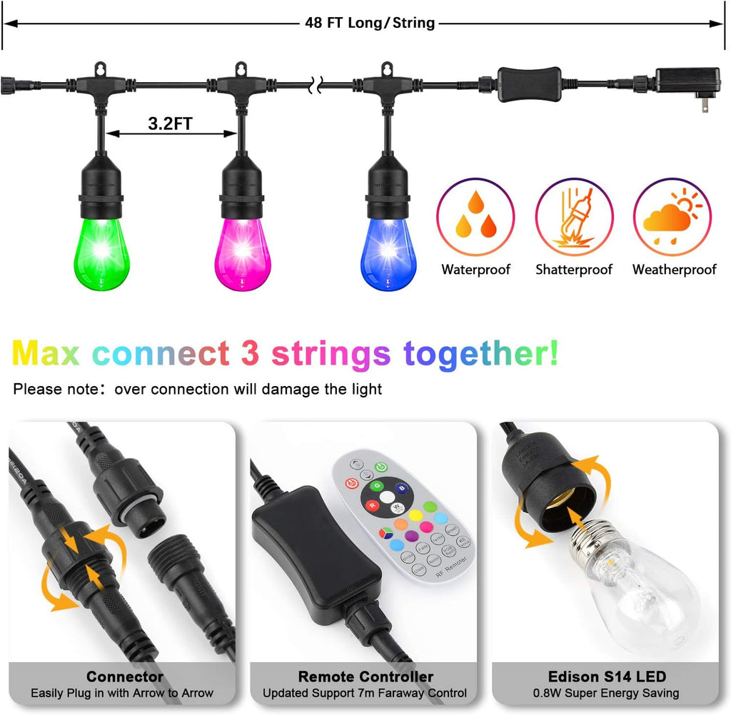 2-Pack RGB Outdoor String Lights with S14 Edison Bulbs 96FT T8198