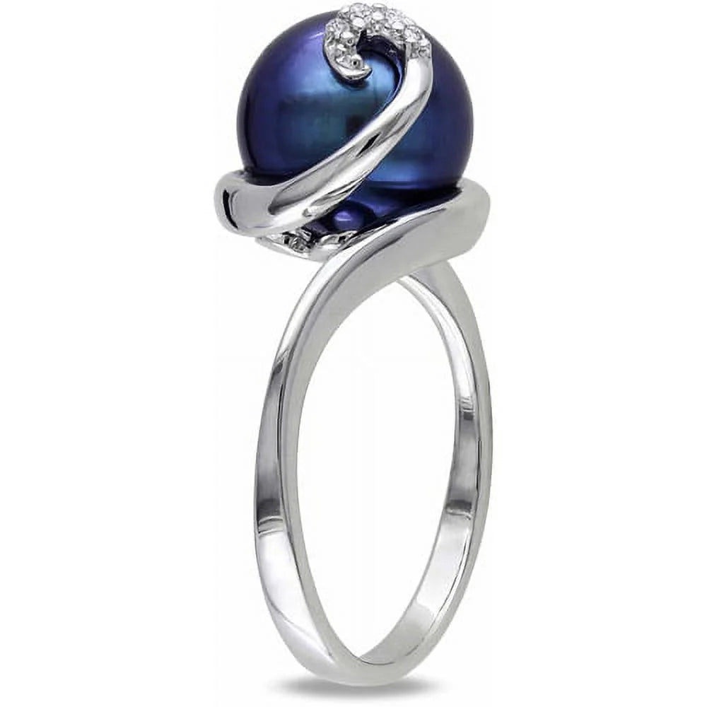 Black Cultured Freshwater Pearl and Diamond-Accent Sterling Silver Swirl Ring D227931