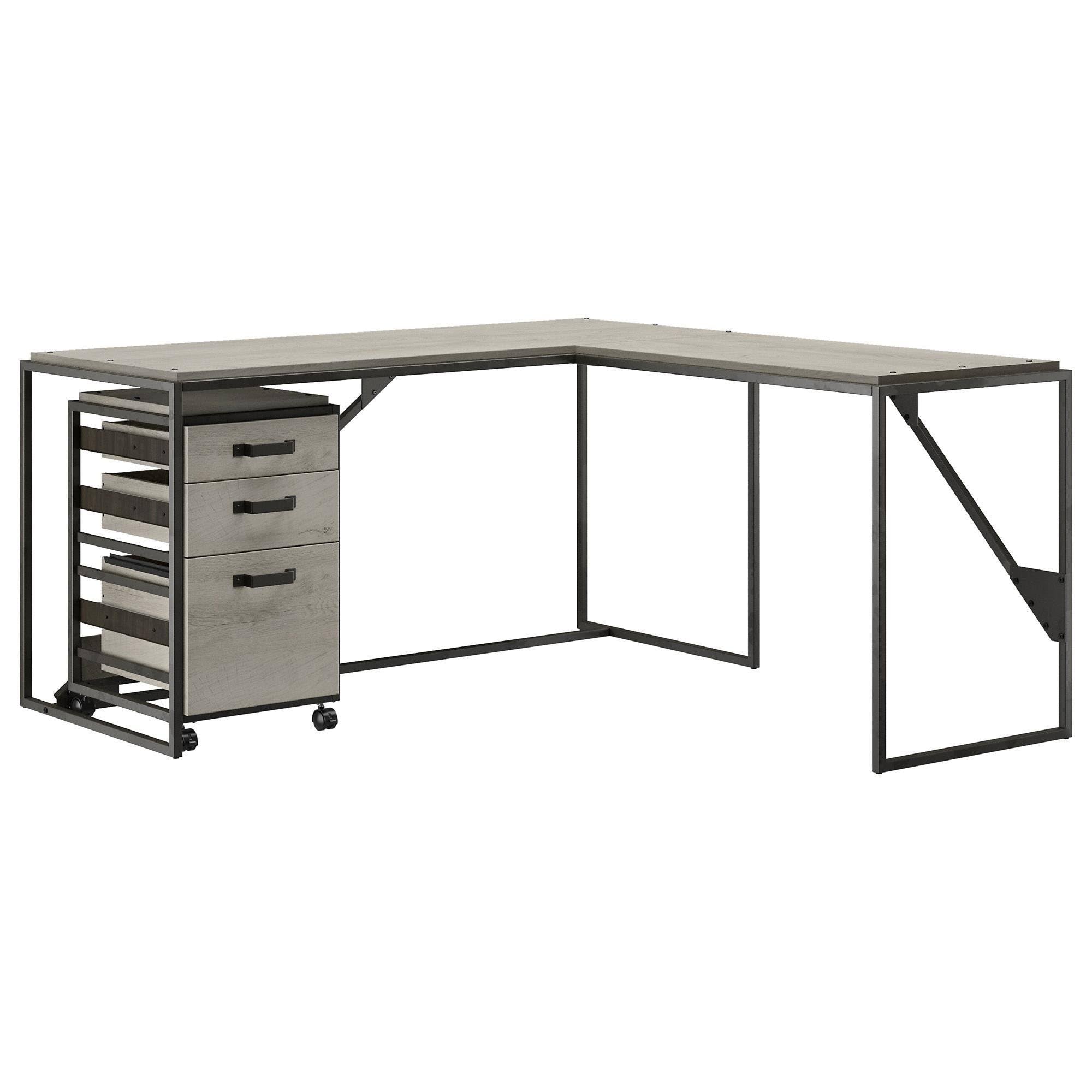 Industrial L Shaped Desk with 3 Drawer Mobile File Cabinet, 62W, Cottage White B690