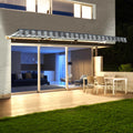 Grey White Striped Motorized Retractable Patio Awning I37924