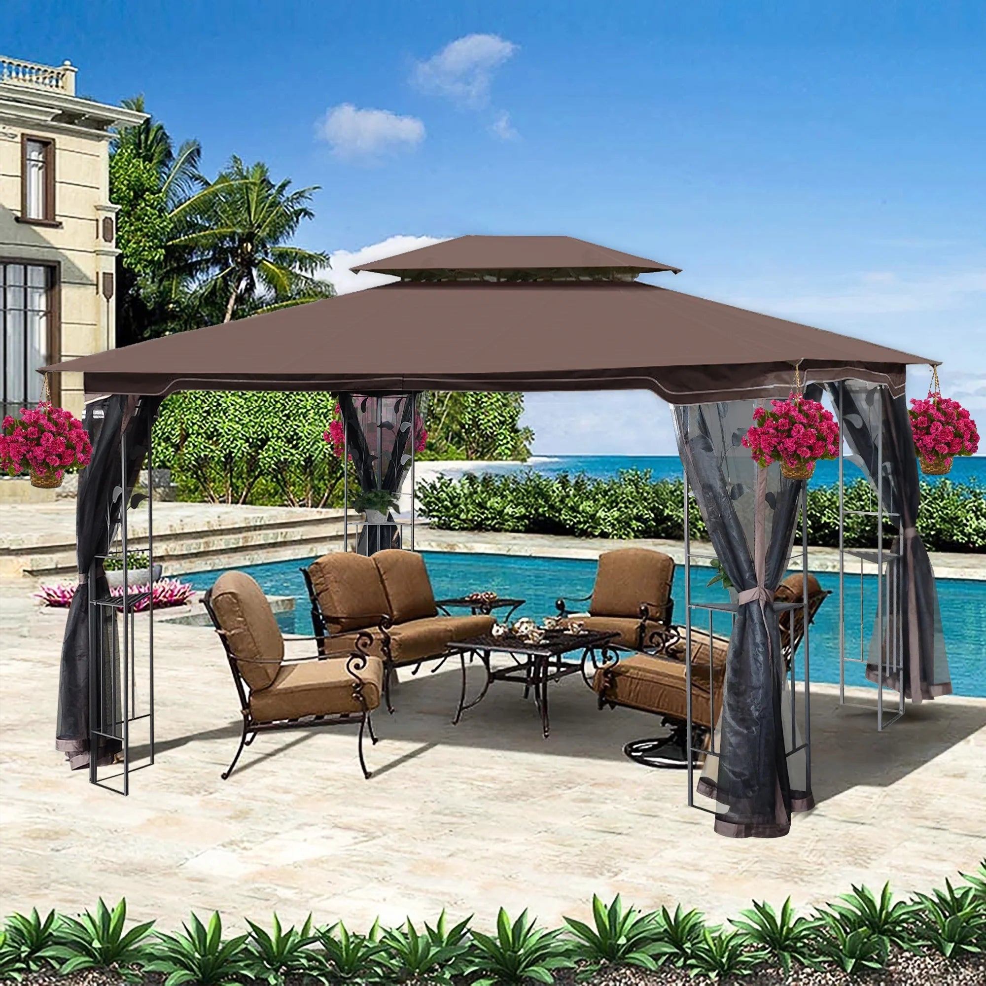 13x10 Outdoor Patio Gazebo Canopy Tent With Ventilated Double Roof And Mosquito Net, Brown P954332