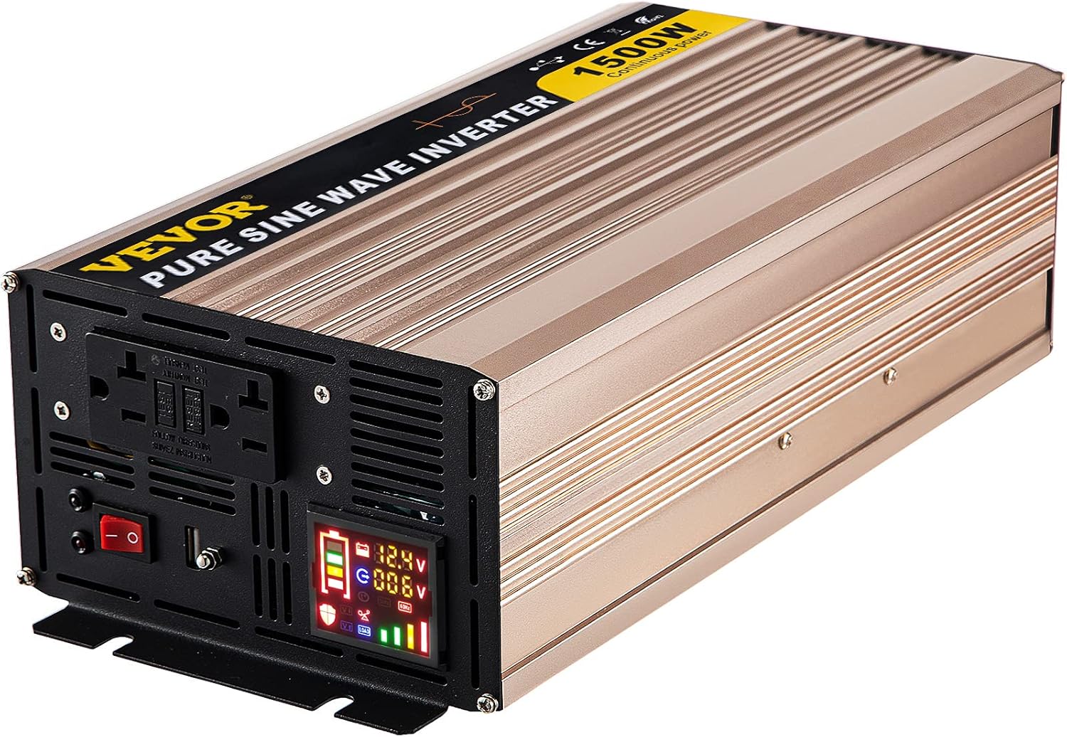 1500 Watt Pure Sine Wave Power Inverter, DC 12V to AC 110V, with LCD Display, 5V USB Port, AC Outlets (GFCI) F392660