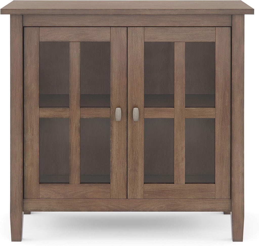 Rustic Natural Aged Brown Solid Wood Low Storage Cabinet with 2 Adjustable Shelves and Tempered Glass Door J854