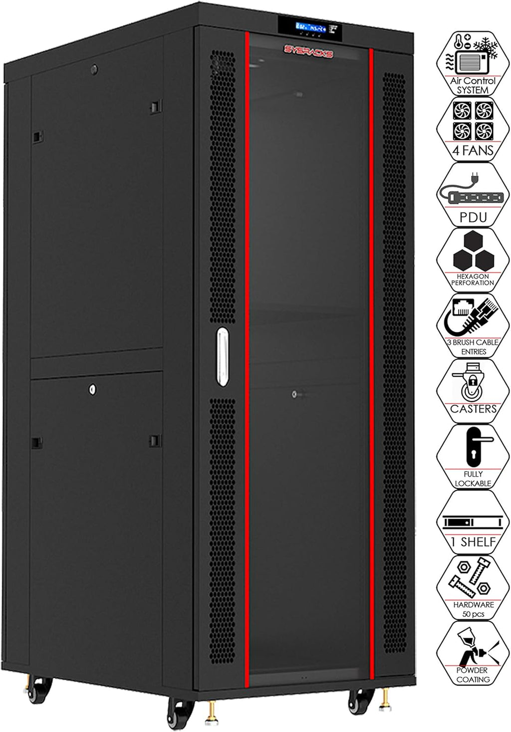 Locking Server Rack Cabinet Enclosure on Casters with Rack Shelf and Cooling Fan Thermostat C2675