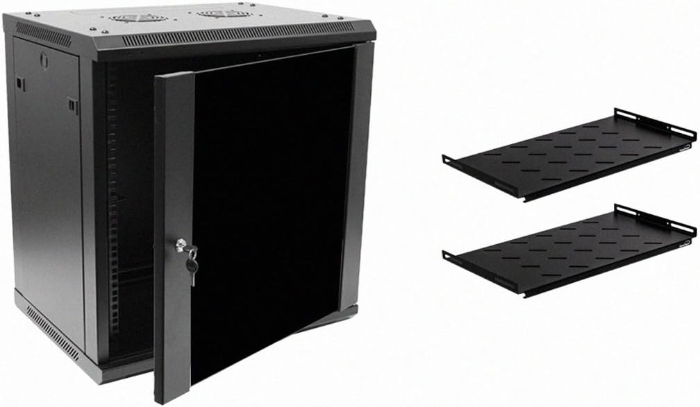 12U Wallmount Cabinet Enclosure 19-Inch Server Network Rack with Locking Glass Door Black with Shelves V1503