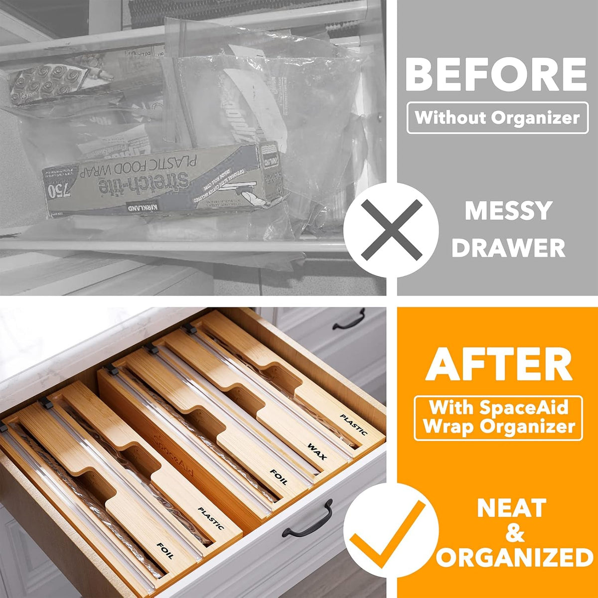 2 in 1 Wrap Dispenser with Cutter and Labels, Bamboo Roll Organizer Holder, Pack of 2 U319838