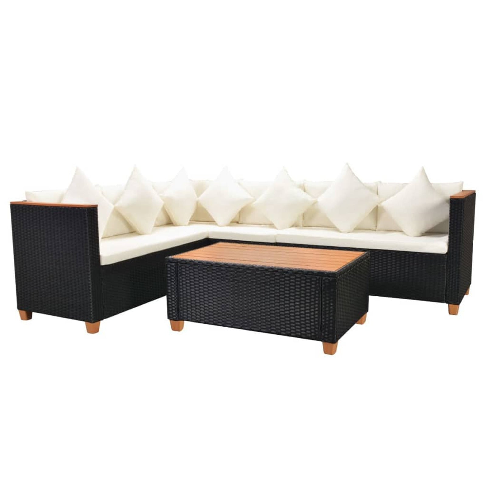 4 Piece Patio Lounge Set with White Cushions Black Poly Rattan 2-Seater Sofas with Corner Sofa and Coffee Table Q762